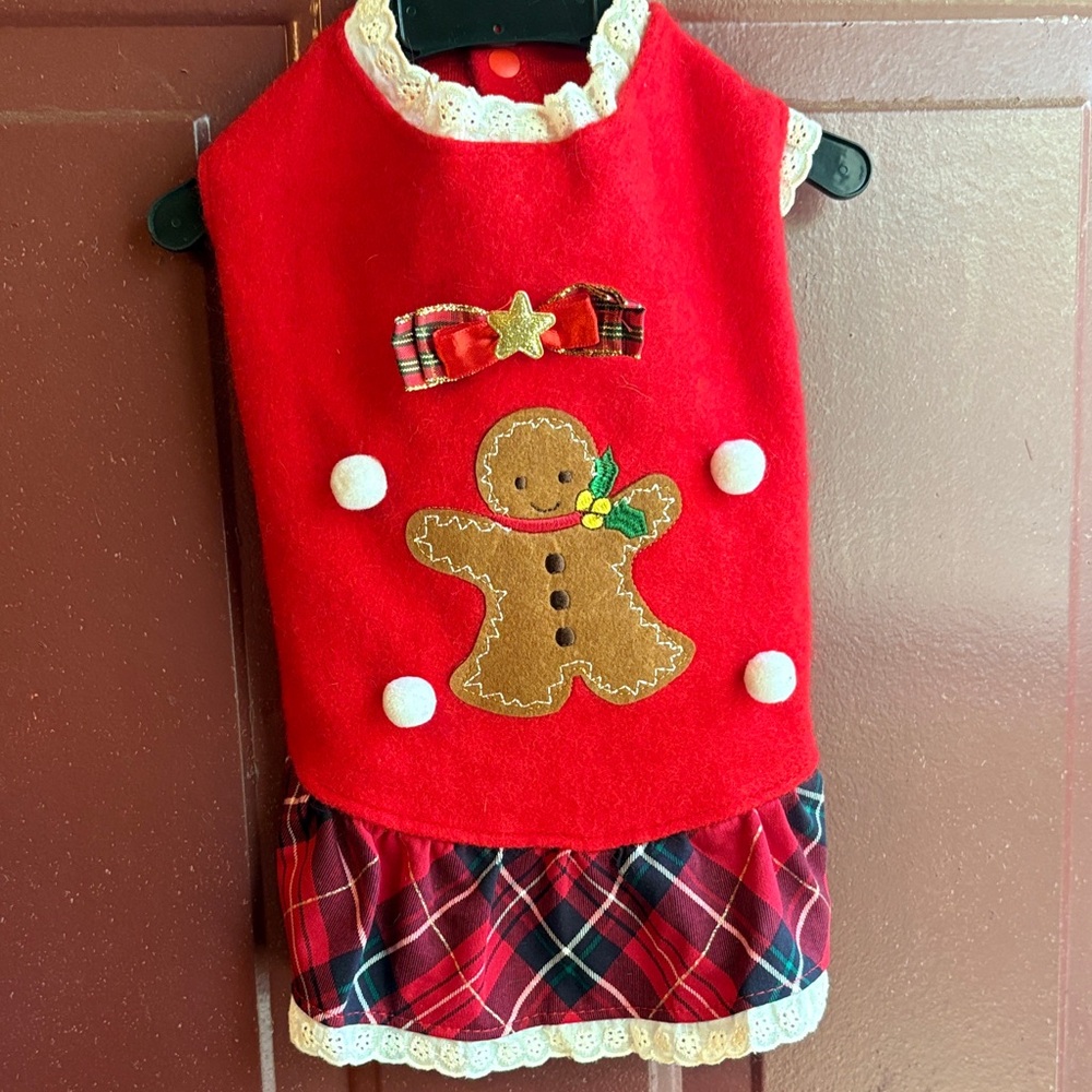 Red Gingerbread Dog Dress with Plaid Skirt